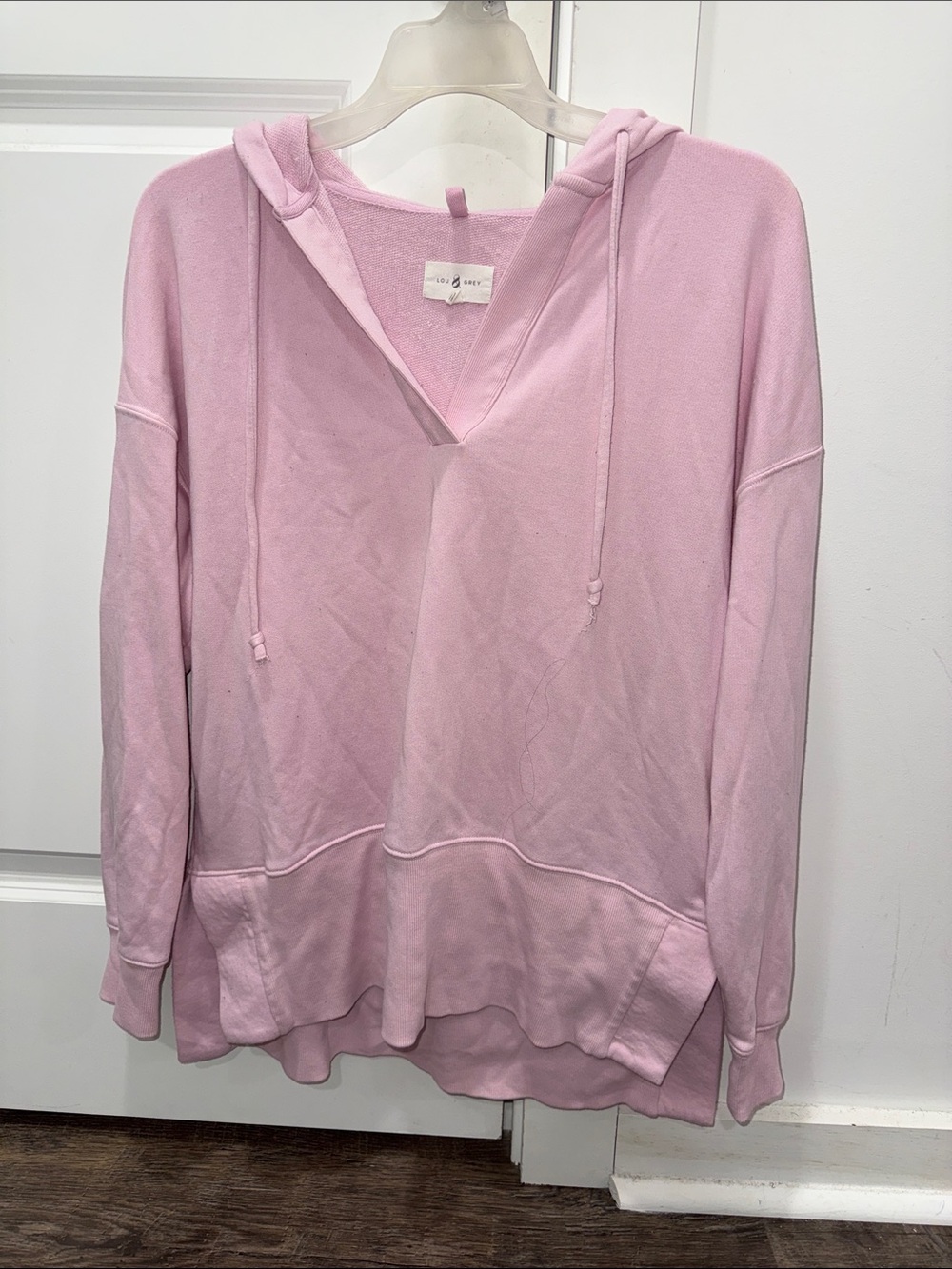 Lou & Grey V-Neck Hooded Sweatshirt in Light Pink